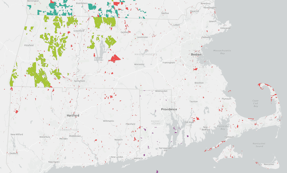 Map showing where RDOF subsidies were awarded in Massachusetts