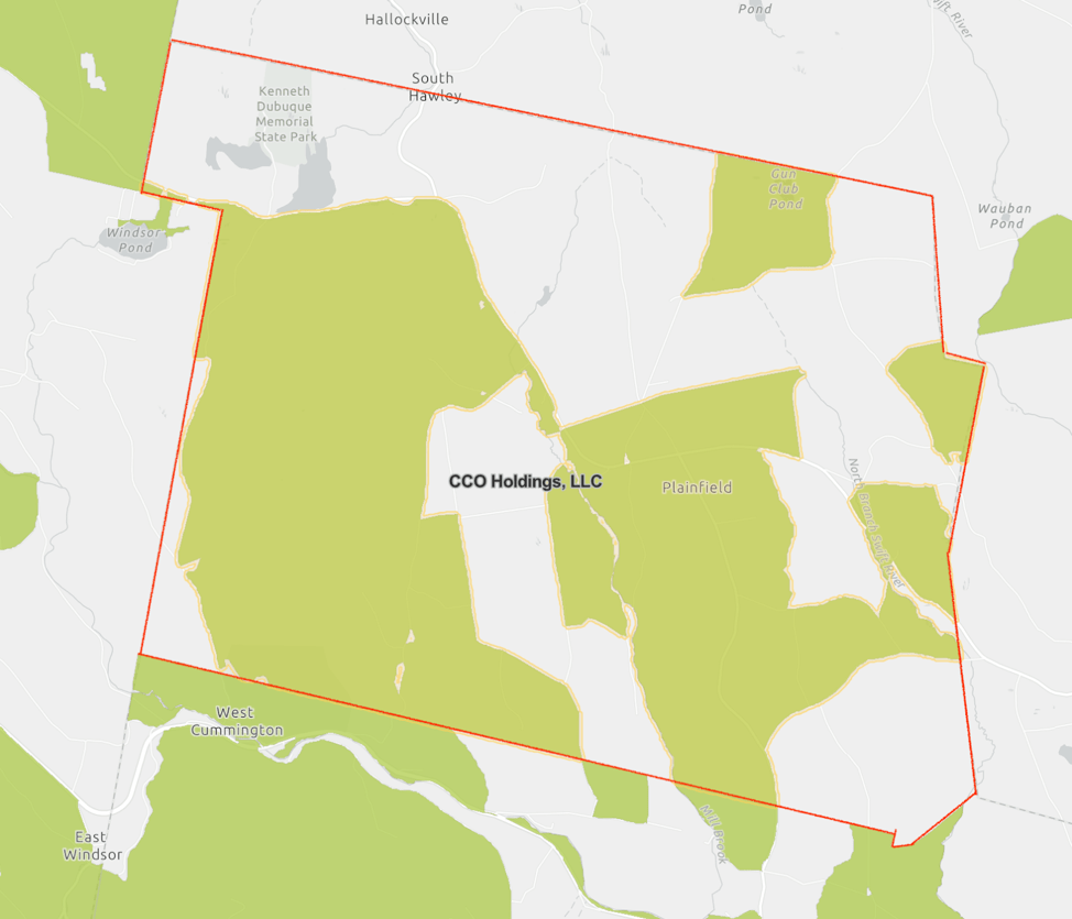 Map showing the portions of the Plainfield census-block group for which Charter won a $555,840 RDOF award to deploy gigabit-internet-access service
