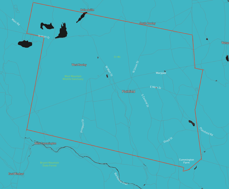 Map showing that as of mid-2019, none of the town’s census blocks were served by a fixed ISP at the RDOF-minimum 25 Mbps threshold