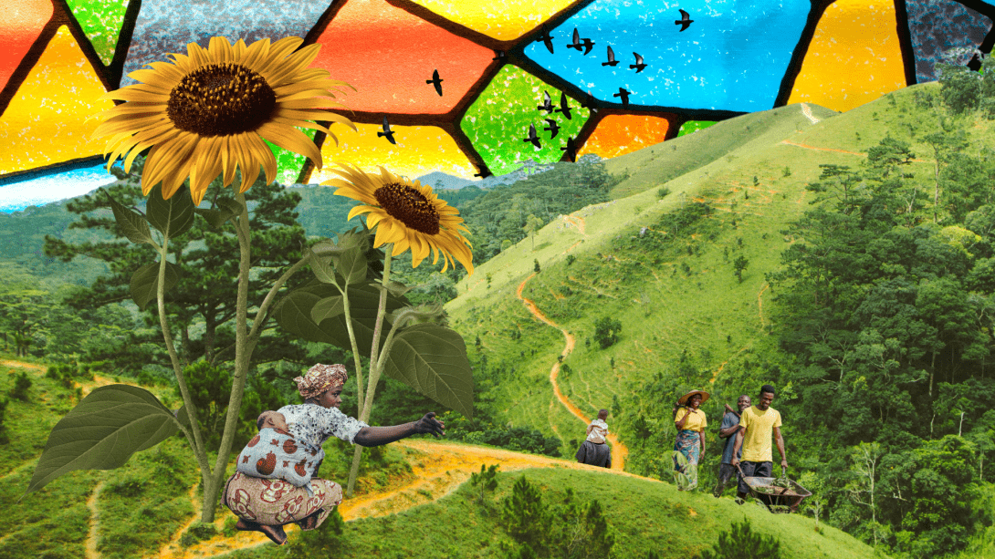 A collage of sunflowers, hills, stained glass and several people