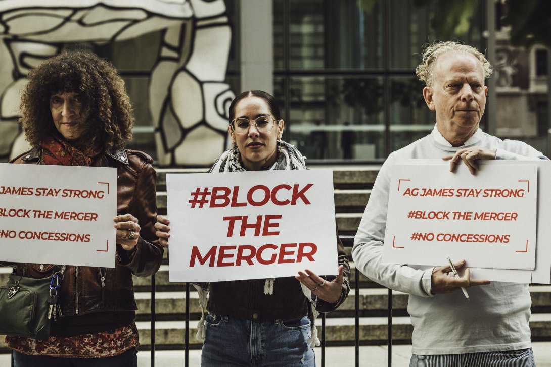 Activists protesting the Paramount merger in NYC
