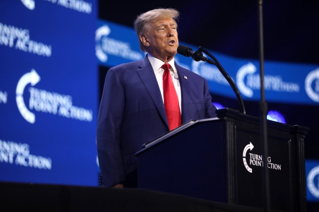 Trump giving a speech at the 2023 Turning Point Action Conference