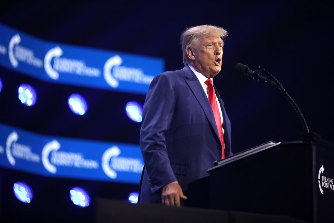 Trump giving a speech at the 2023 Turning Point Action Conference