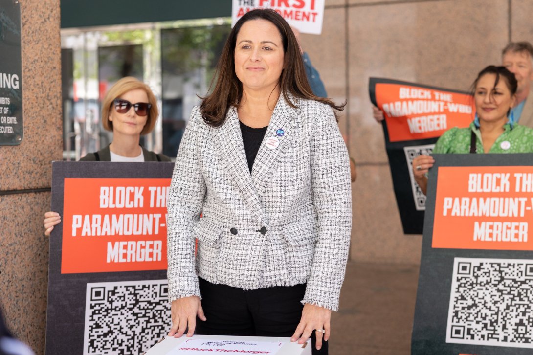 Free Press Co-CEO Jessica J. Gonz&aacute;lez and others deliver petitions to California AG Rob Bonta