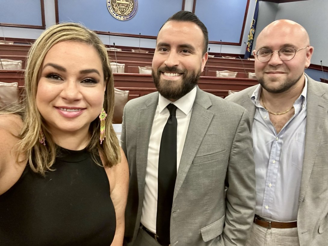 Free Press Action&rsquo;s Vanessa Maria Graber and Eric Thurm with Guerrero Lopez (center), the executive director of the Pennsylvania Legislative Latino Caucus