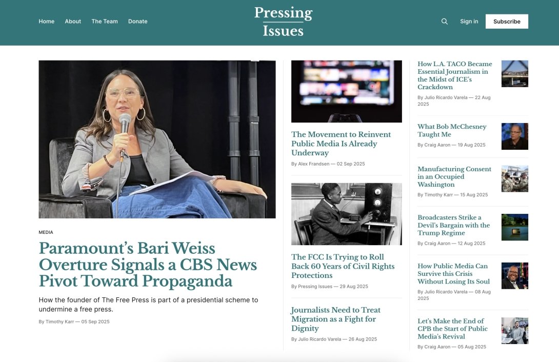 The homepage of the Pressing Issues newsletter
