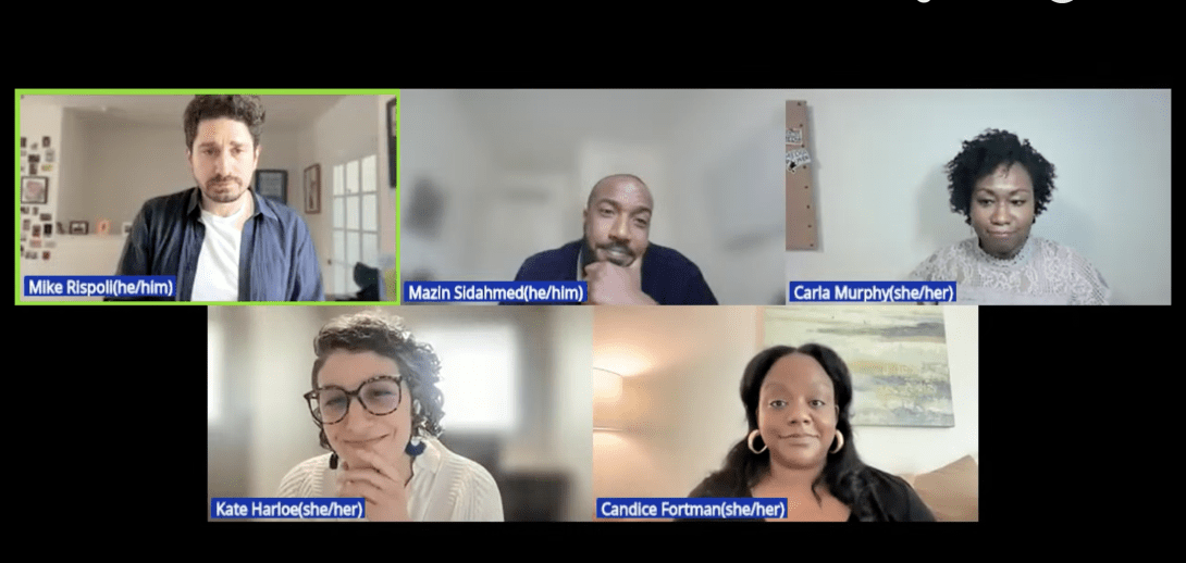 Mike Rispoli, Mazin Sidahmed, Carla Murphy, Kate Harloe and Candice Fortman take part in a webinar about the future of local news