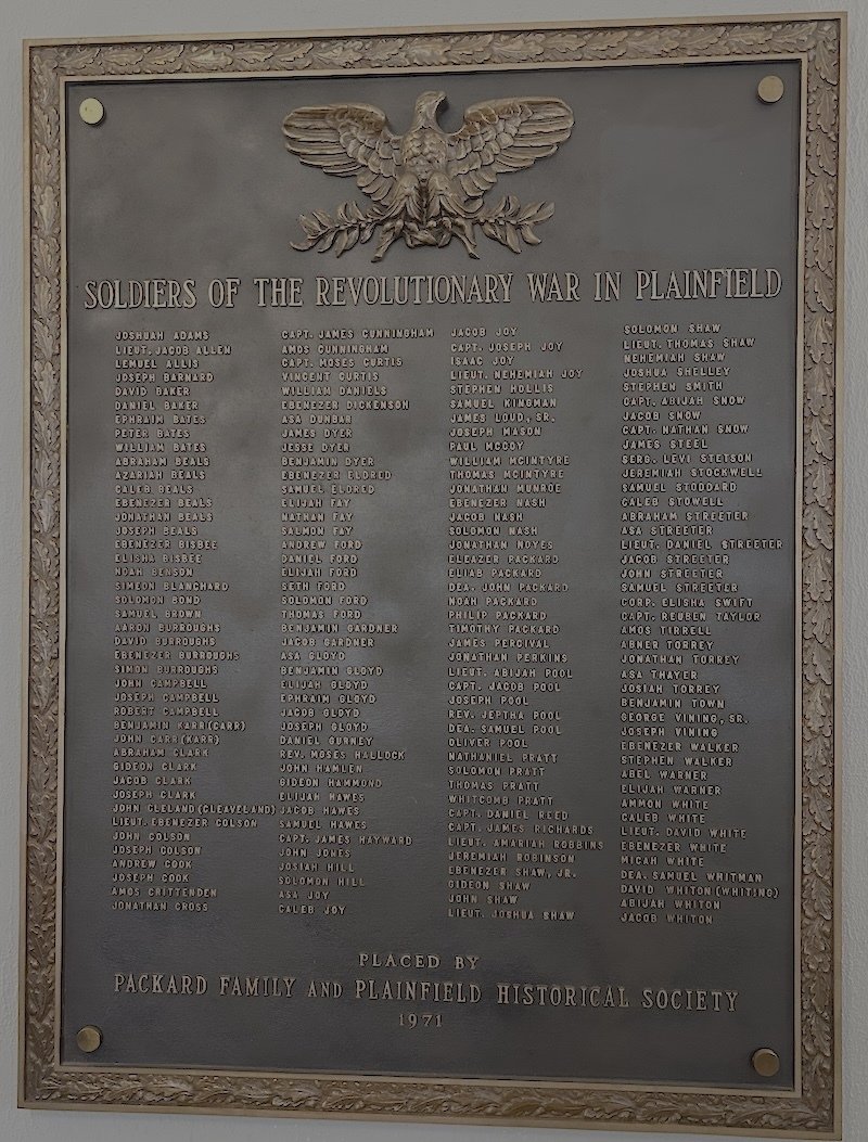 Plaque thanking the Soldiers of the Revolutionary War in Plainfield, MA