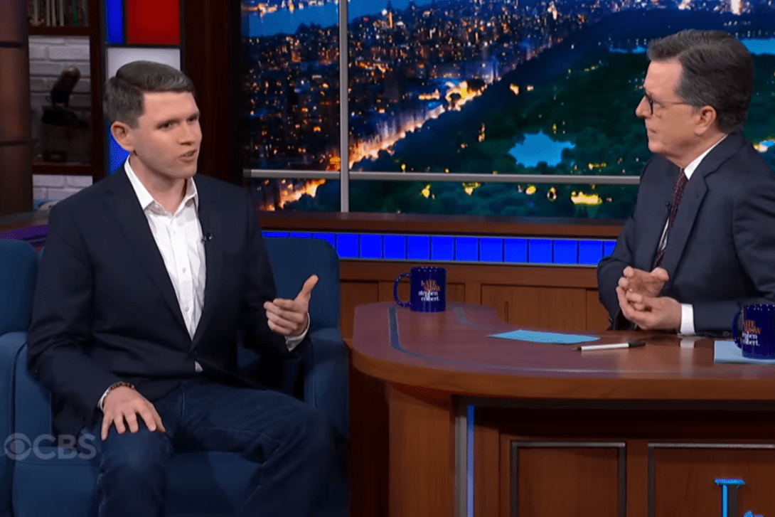 Stephen Colbert interviewing James Talarico