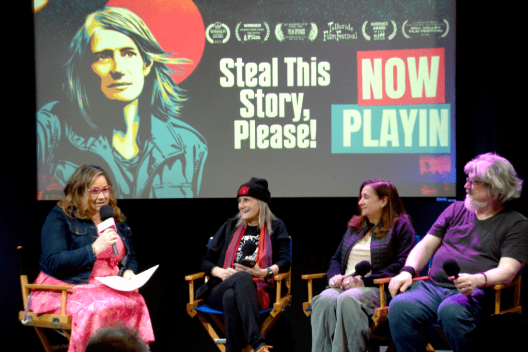 Free Press' Vanessa Maria Graber (left) interviews (from left to right) Amy Goodman, Tia Lessin and Carl Deal