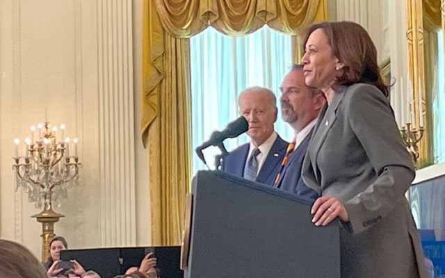 Photo of Vice President Harris speaking at press conference
