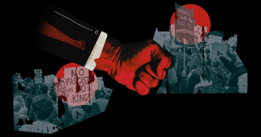 Fist punching through photo of activists