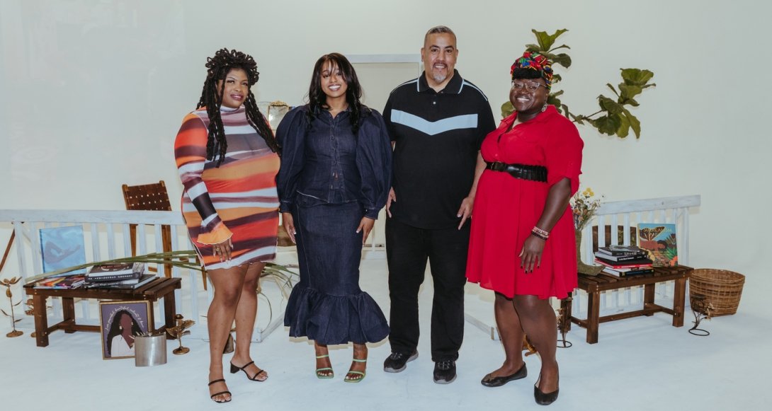 Media 2070 team members at the Black Future Newsstand exhibit in Houston