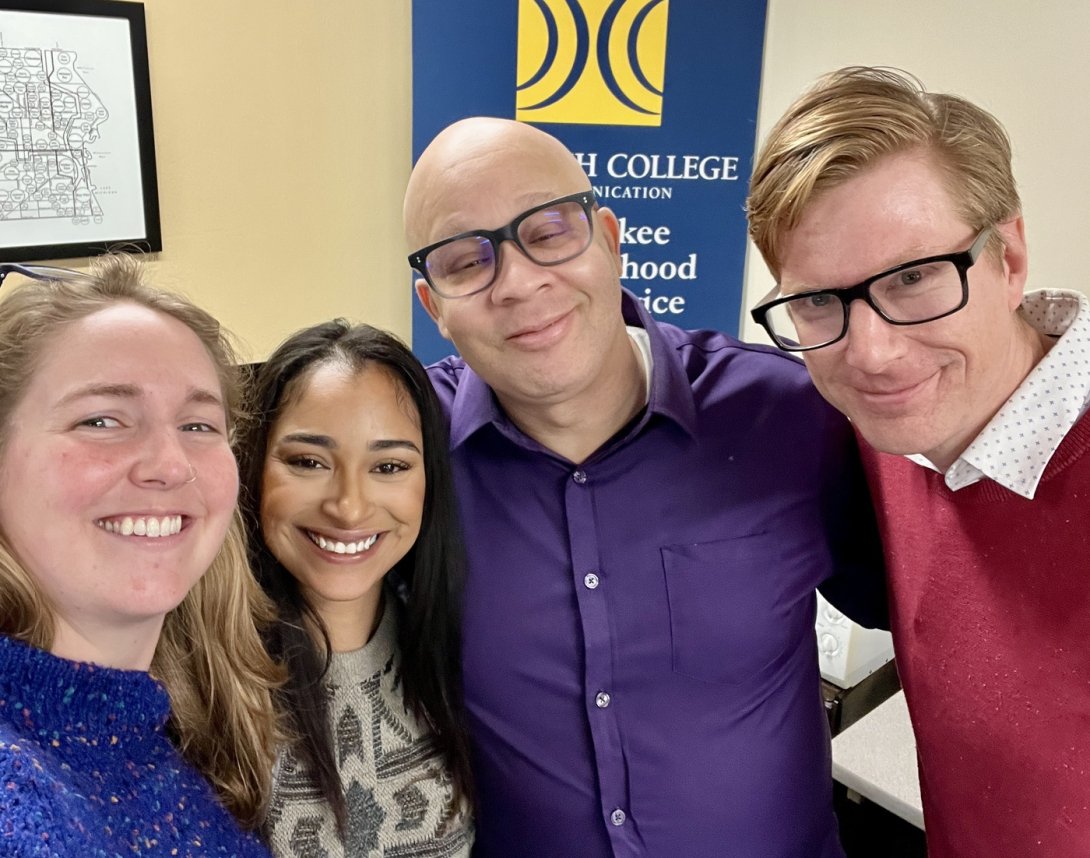 Free Press’ Sarah Stone and Arin Anderson with Milwaukee Neighborhood News Service Executive Director Ron “Ronshine” Smith and Wisconsin Watch Managing Editor Jim Malewitz