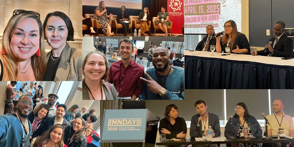 A collage of Free Press' Future of Journalism team at various conferences