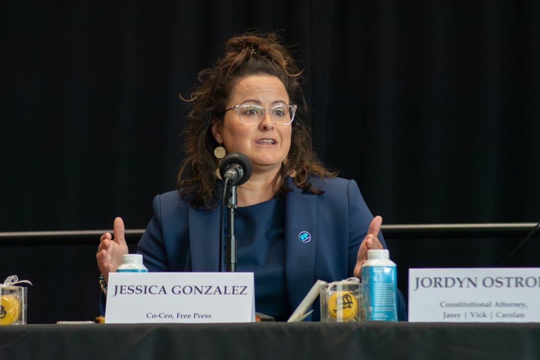 Free Press Co-CEO Jessica J. González speaking at “Pressure on the Press: Free Speech, Press Access and Owner Interference” at Cal State Long Beach