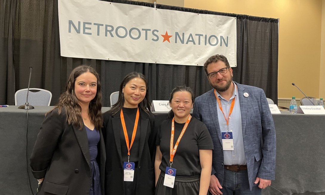 Free Press&rsquo; Cristina Escobar (left) and Craig Aaron (right) with Ceilidh Gao and Abby Sun at Netroots