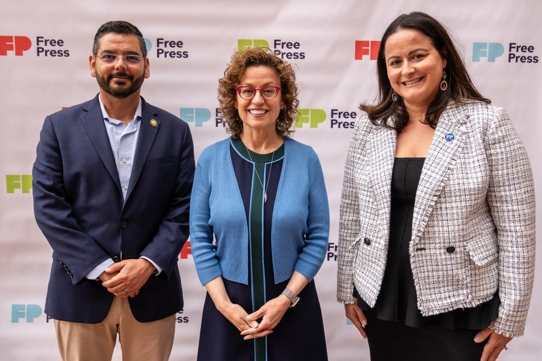 Rep. Raul Ruiz, FCC Commissioner Anna Gomez and Free Press Co-CEO Jessica J. González