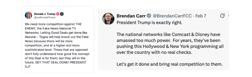 A Truth Social post from President Trump alongside an X post from FCC Chairman Brendan Carr promoting the Nexstar-Tegna merger
