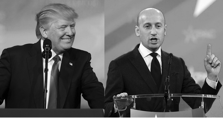 Side-by-side photos of Trump and Stephen Miller speaking at podiums