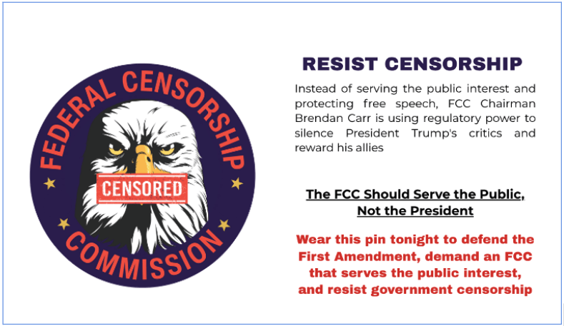 Picture of an eagle with "Federal Censorship Commission" and instructions to protest FCC Chairman Carr