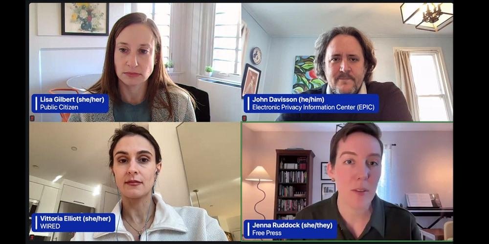 Free Press' Jenna Ruddock, WIRED's Vittoria Elliott, Public Citizen's Lisa Gilbert and EPIC's John Davisson, who took part in a webinar about the privacy breach Elon Musk and DOGE are perpetrating.