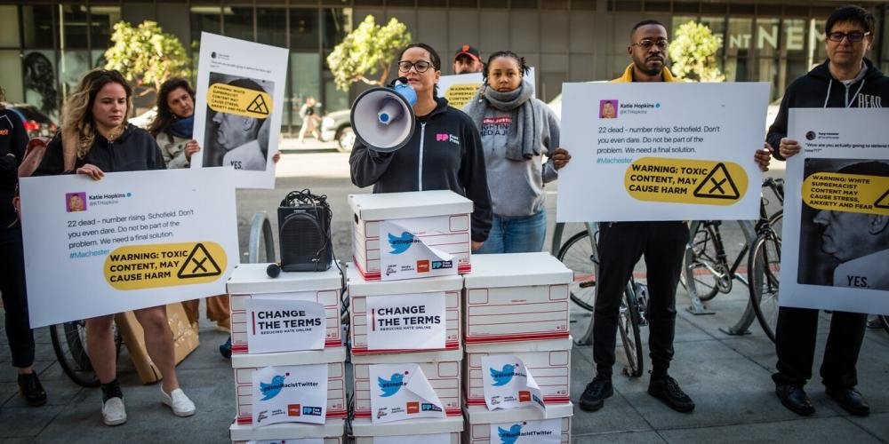 Free Press Co-CEO Jessica J. González at a protest outside Twitter headquarters in 2019.