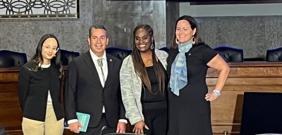 Free Press Action Co-CEO Jessica J. Gonzàlez (right) with fellow civil-society experts and Sen. Ben Ray Luján