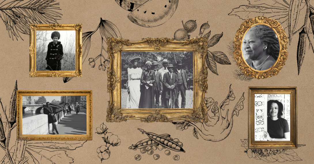 Gold-framed pictureframes on a wallpapered wall holding images of Black luminaries like Toni Morrison. Design created in honor of Juneteenth