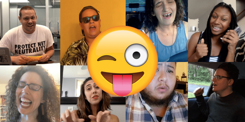 Collage of people singing with a smiley emoji in the center