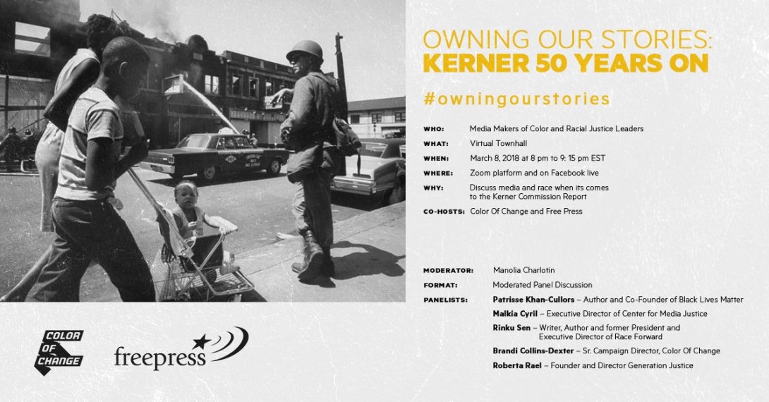 Invitation to March 8 town hall featuring a black and white photo of a family walking down the street near a soldier