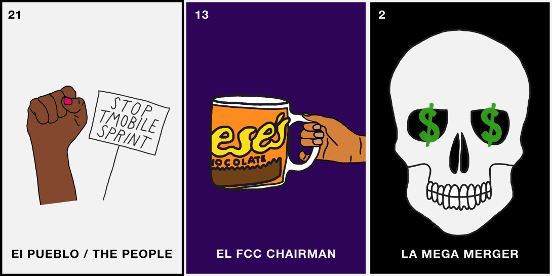 3 loteria cards featuring a raised fist and a poster reading "Stop T-Mobile Sprint"; a Reese's coffee mug and the words "El FCC Chairman" and a skull with dollar-sign eyes and text reading "La mega merger"
