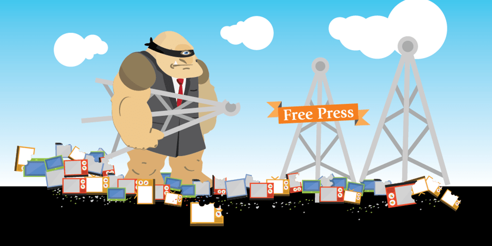 Drawing of a giant destroying local TV