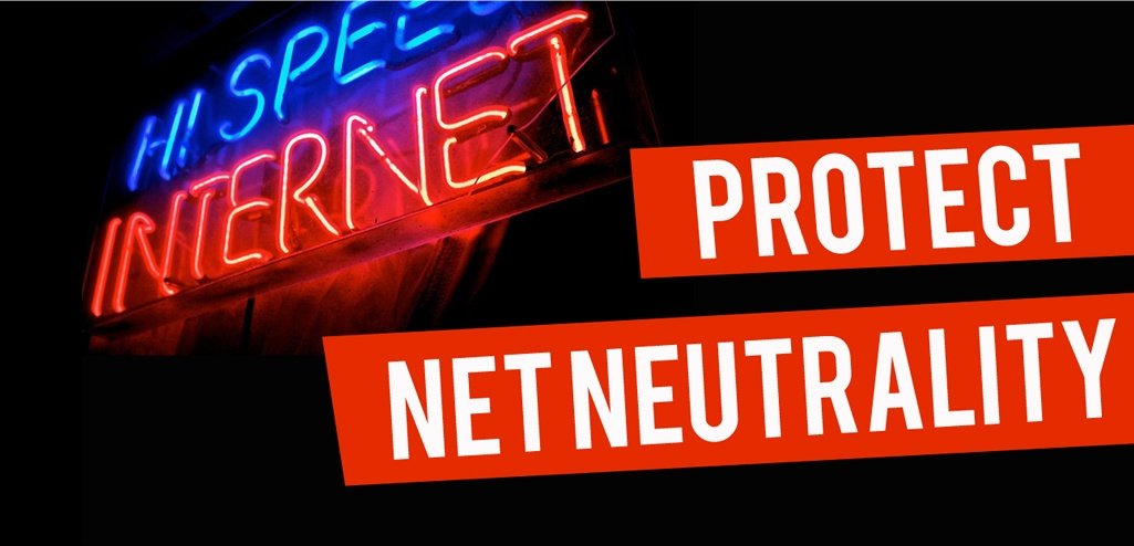 Neon sign reading "hi-speed internet" next to the words "Protect Net Neutrality"