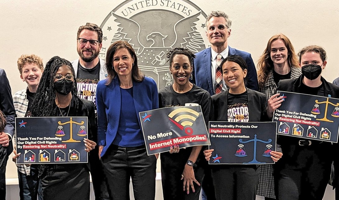 Free Press staffers and allies celebrating when the Biden FCC voted to restore Net Neutrality and Title II. Almost immediately industry players sued to overturn the protections.