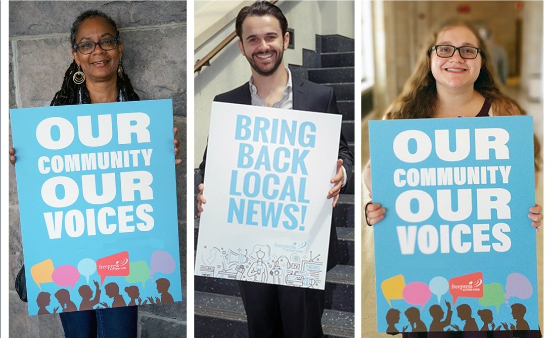 Side by side photos of three people. The people on the left and right are holding signs reading "Our community / our voices" and the person in the middle is holding a sign reading "Bring back local news"