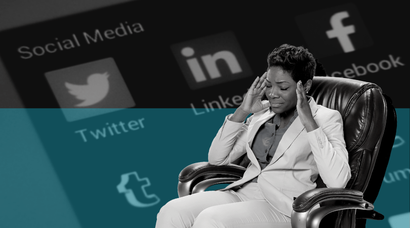 Woman rubbing temples while juxtaposed against background of social-media logos