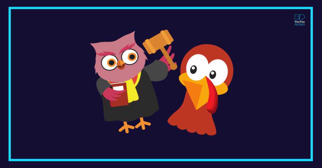 A cartoon owl judge holding a gavel next to a cartoon turkey