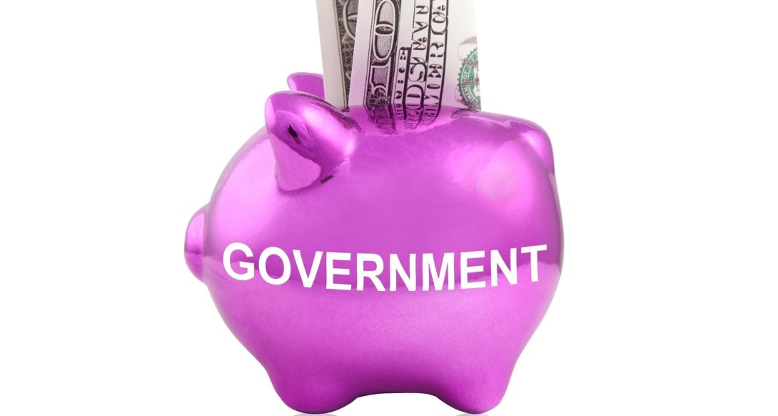 Pink piggy bank marked "government" with dollar bills sticking out