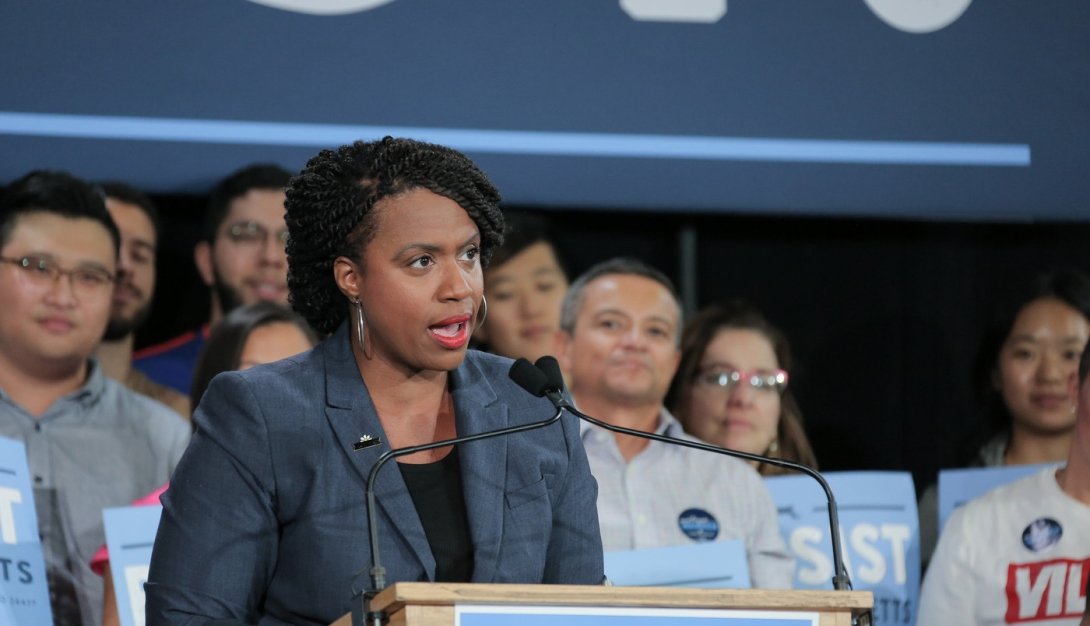 Rep. Ayanna Pressley speaking at a campaign rally.