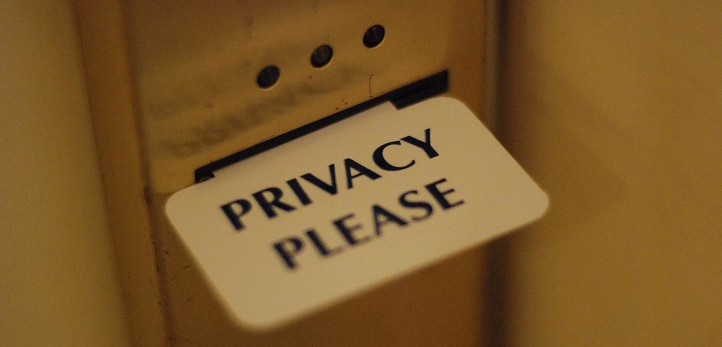Card reading "Privacy please" sticking out from the slot of a hotel-room door.