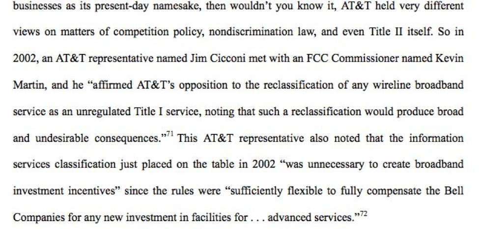Text noting that in 2002, an AT&T rep met with then-FCC Chairman Kevin Martin to signal opposition to Title I and support for Title II.