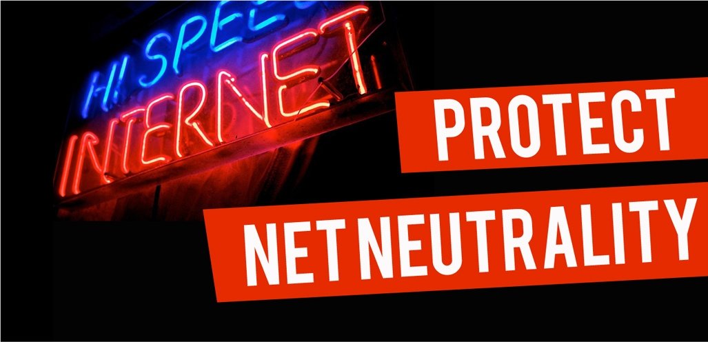 Neon sign reading "Protect Net Neutrality"