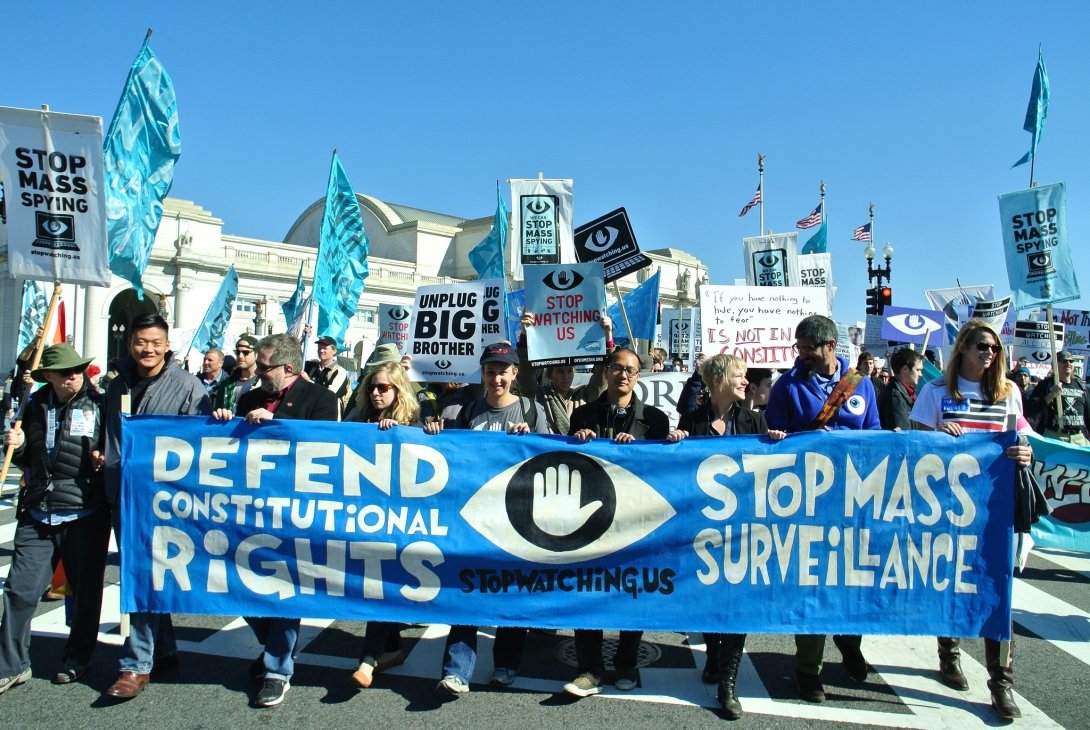 Anti-surveillance activists holding banner