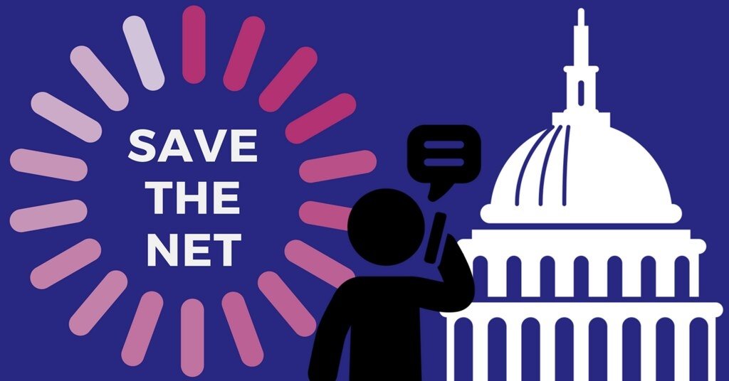 A graphic reading "Save the net" besides a person calling Capitol Hill