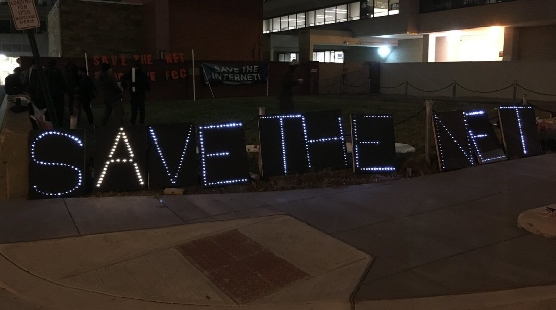 Lights spelling out "Save the Net" outside the FCC