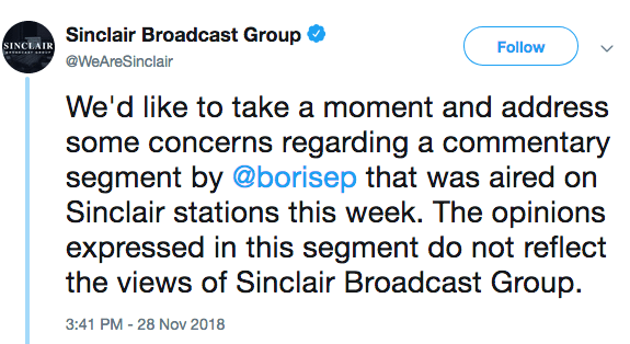 Sinclair tweet claiming that Boris Epshteyn doesn't represent the company's views.