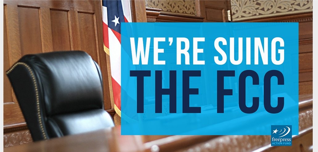 The text "We're suing the FCC" juxtaposed over judge's chair and bench