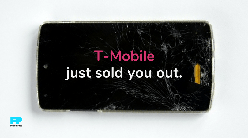 Cracked cellphone reading "T-Mobile just sold you out"