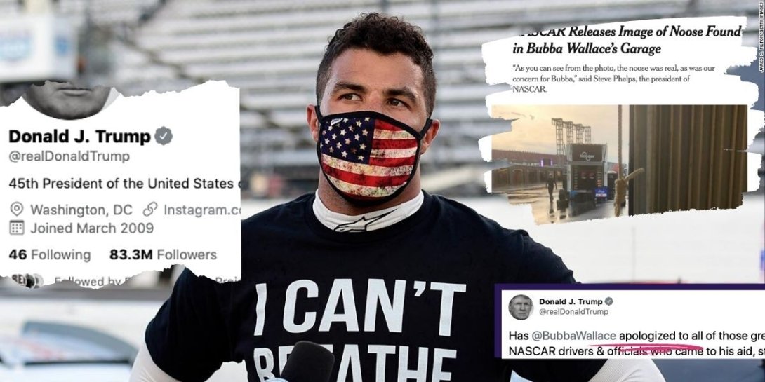Collage of images featuring Trump tweets + Bubba Wallace in a mask and an "I can't breathe" shirt